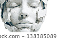 Broken white face sculpture with metal connections 138385089