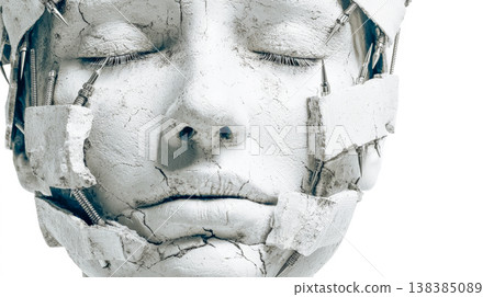 Broken white face sculpture with metal connections Broken white face sculpture with metal connections 138385089