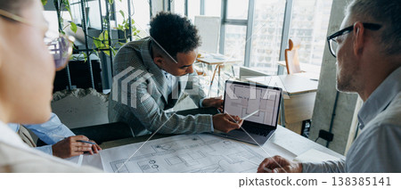 Business team discusses revenue trends and key performance indicators Business team discusses revenue trends and key performance indicators 138385141