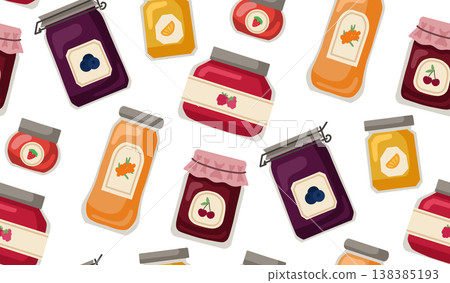 Vector seamless pattern with berry jams on white background. Texture with bottles with sweet syrup in flat cartoon style Vector seamless pattern with berry jams on white background. Texture with bottles with sweet syrup in flat cartoon style 138385193