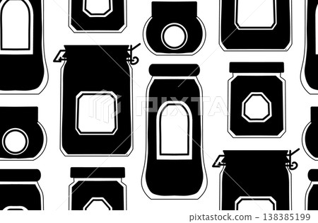 Vector seamless pattern with black silhouette of jars on white background. Monochrome texture with bottles and flasks Vector seamless pattern with black silhouette of jars on white background. Monochrome texture with bottles and flasks 138385199