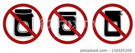 Vector monochrome set of prohibition signs with jars. No jam. Canned food forbidden. Collection of prohibition badges Vector monochrome set of prohibition signs with jars. No jam. Canned food forbidden. Collection of prohibition badges 138385200