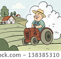 Happy Farmer Driving Red Tractor in Countryside 138385310