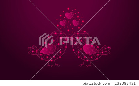 Low poly wireframe birds in love with hearts on dark background. Low poly wireframe birds in love with hearts on dark background. 138385451