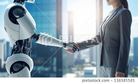 A woman in a suit shakes hands with an AI robot in an office in a business district; an image of AI collaboration in business, business efficiency, and digital transformation. 138385585