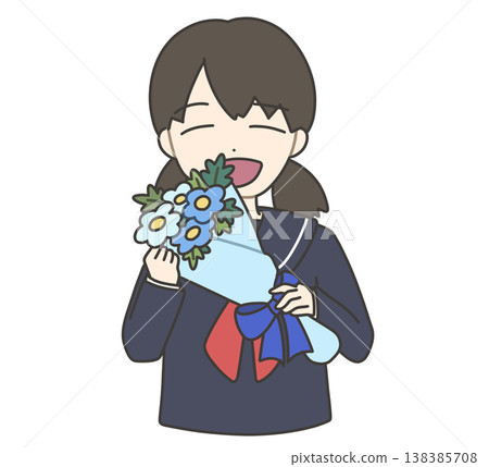 一位身穿水手服、微笑、手捧藍色花束的女孩。 138385708