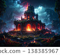 A night sky with blood dripping from the clouds and a burning castle - AI-generated image 138385967