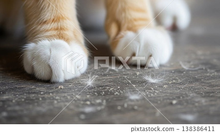 Close-up of ginger and white cat paws on a floor, with scattered shed fur and dust around them; soft focus and shallow depth of field 138386411