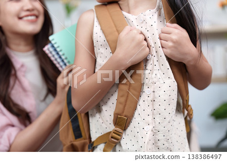 Close-up of girl with backpack during back-to-school preparation Close-up of girl with backpack during back-to-school preparation 138386497