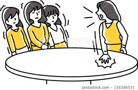 Female employees are intimidated by their female boss who scolds them. 138386531