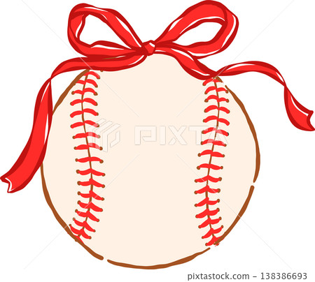 Coquette Preppy Baseball With Red Ribbon Bow Whimsical hand drawn Coquette Preppy Baseball With Red Ribbon Bow Whimsical hand drawn 138386693