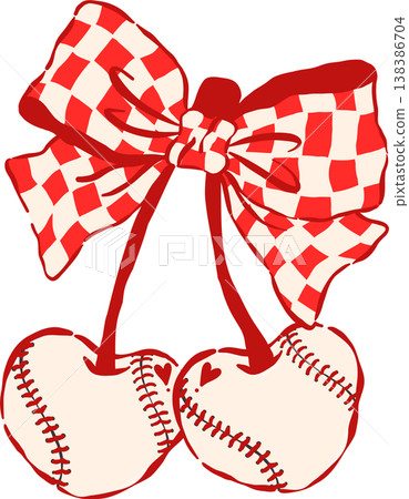Coquette Baseball Cherry Heart Shaped with Red Checkered Bow Whimsical Hand Drawn Coquette Baseball Cherry Heart Shaped with Red Checkered Bow Whimsical Hand Drawn 138386704