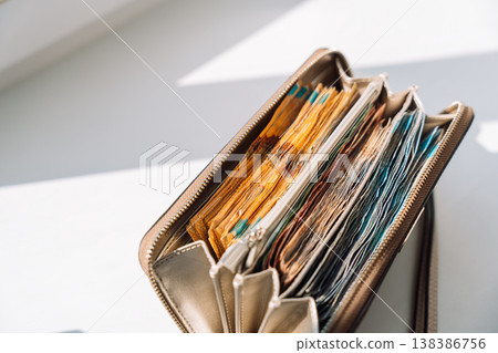 Close up open wallet with stacks of Kazakhstani tenge banknotes, cash storage and savings concept Close up open wallet with stacks of Kazakhstani tenge banknotes, cash storage and savings concept 138386756