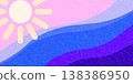 Summer sea sun vector background. Abstract sunset illustration with textured waves, pink sky, yellow sun. Minimalist coastal landscape for vacation banner, poster with grain texture 138386950