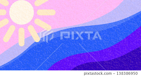 Summer sea sun vector background. Abstract sunset illustration with textured waves, pink sky, yellow sun. Minimalist coastal landscape for vacation banner, poster with grain texture 138386950