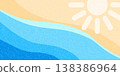 Summer sea, sun beach background. Abstract tropic vector illustration with textured waves, sandy shore and yellow sun. Minimal tropic landscape for vacation banner, travel poster 138386964