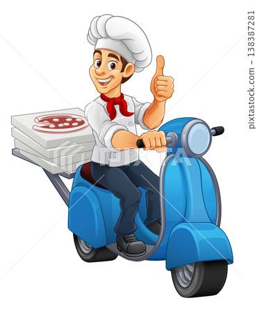Cartoon Pizza Chef Delivery On Blue Scooter 138387281