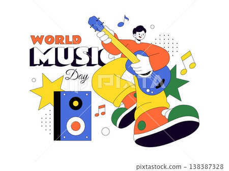 World Music Day Vector Illustration With Guitar And Saxophone Players, Musical Notes, Live Performance Celebration And Creative Sound Design World Music Day Vector Illustration With Guitar And Saxophone Players, Musical Notes, Live Performance Celebration And Creative Sound Design 138387328