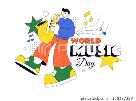 World Music Day Vector Illustration With Guitar And Saxophone Players, Musical Notes, Live Performance Celebration And Creative Sound Design World Music Day Vector Illustration With Guitar And Saxophone Players, Musical Notes, Live Performance Celebration And Creative Sound Design 138387329