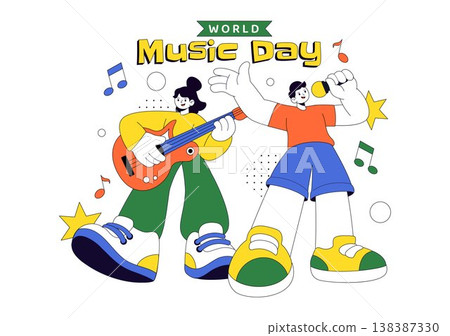 World Music Day Vector Illustration With Guitar And Saxophone Players, Musical Notes, Live Performance Celebration And Creative Sound Design World Music Day Vector Illustration With Guitar And Saxophone Players, Musical Notes, Live Performance Celebration And Creative Sound Design 138387330