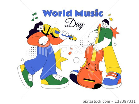 World Music Day Vector Illustration With Guitar And Saxophone Players, Musical Notes, Live Performance Celebration And Creative Sound Design 138387331
