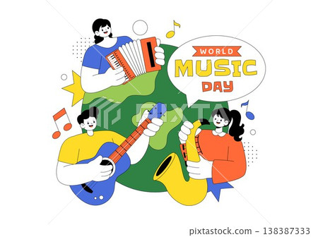 World Music Day Vector Illustration With Guitar And Saxophone Players, Musical Notes, Live Performance Celebration And Creative Sound Design World Music Day Vector Illustration With Guitar And Saxophone Players, Musical Notes, Live Performance Celebration And Creative Sound Design 138387333
