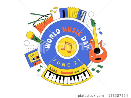 World Music Day Vector Illustration With Guitar And Saxophone Players, Musical Notes, Live Performance Celebration And Creative Sound Design 138387334