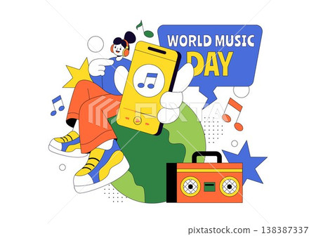 World Music Day Vector Illustration With Guitar And Saxophone Players, Musical Notes, Live Performance Celebration And Creative Sound Design World Music Day Vector Illustration With Guitar And Saxophone Players, Musical Notes, Live Performance Celebration And Creative Sound Design 138387337