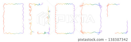 Retro whimsical rainbow gradient frame set with scalloped and wavy hand-drawn borders. Multicolored frames for social media, posters, cards and creative stationery. Vector isolated illustration. 138387342