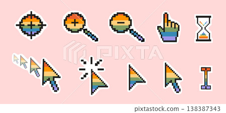 Pixel art retro computer cursor sticker pack in rainbow pride colors. Inclusive 8-bit nostalgic LGBTQ UI elements with white borders. Mouse pointers, hourglass, magnifying glass. Vector illustration. 138387343