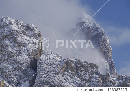 tofana peak mountain in clouds view from falzarego pass dolomites winter season 138387515