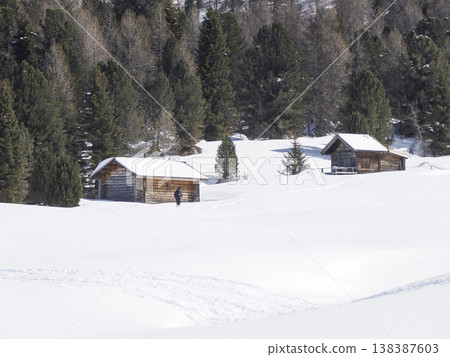 wooden hut covered by snow in armentarola pralongi? dolomites mountains 138387603