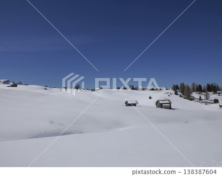 wooden hut covered by snow in armentarola pralongi? dolomites mountains wooden hut covered by snow in armentarola pralongi? dolomites mountains 138387604