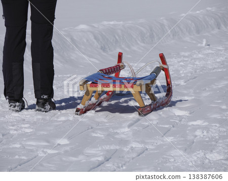 Sledge of a trekker in armentarola pralongia dolomites mountains in winter season 138387606