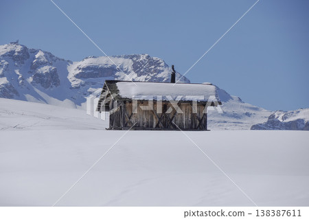 wooden hut covered by snow in armentarola pralongi? dolomites mountains wooden hut covered by snow in armentarola pralongi? dolomites mountains 138387611