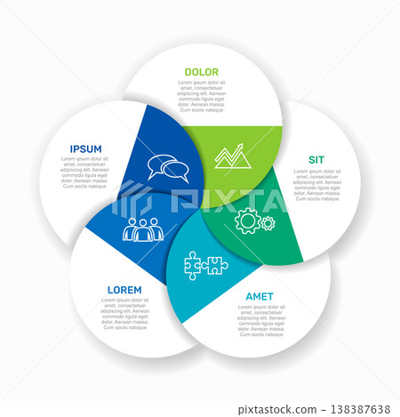 Five-circle Venn diagram infographic template for business data visualization. Vector illustration. 138387638