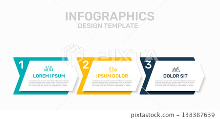 Three-step flow chart infographic with labeled sections, icons, and placeholder text for business processes. Vector illustration. Three-step flow chart infographic with labeled sections, icons, and placeholder text for business processes. Vector illustration. 138387639