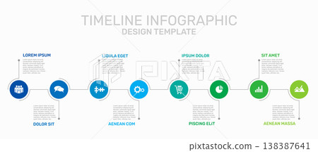 Horizontal timeline infographic template with colorful circular icons, progress line, and placeholder text. Vector illustration. Horizontal timeline infographic template with colorful circular icons, progress line, and placeholder text. Vector illustration. 138387641