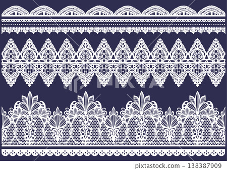 Set of white lace borders featuring elegant lace patterns with scallops and leaf motifs. Set of white lace borders featuring elegant lace patterns with scallops and leaf motifs. 138387909