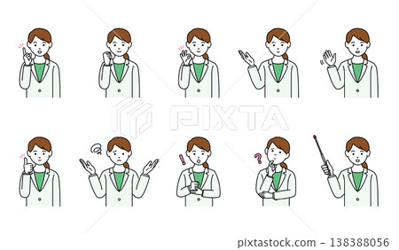 A set of poses and facial expressions for female business professionals [smiling, guiding, explaining, asking a question] 138388056