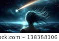 一顆閃亮的彗星，滿天星，寧靜的夜海，以及一個女人的背影。 138388106