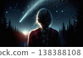 一位梳著辮子的女子在繁星滿天的夜空下享受著寧靜與獨處的時光，以及夜森林的神秘景色。 138388108