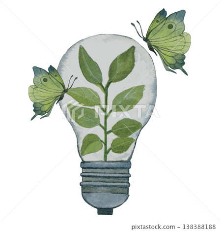 Eco Light Bulb with Leaves and Butterflies Green Energy Concept 138388188