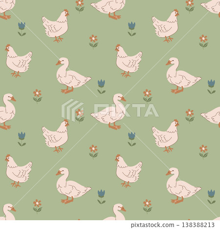 Cottage core Chicken Goose Pattern. Soft Green Background Cottage core Chicken Goose Pattern. Soft Green Background 138388213