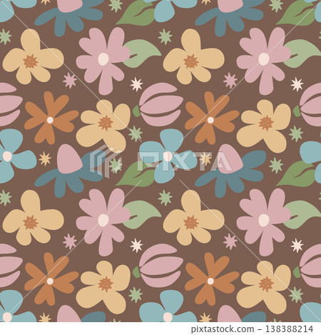 Cottage core Floral Pattern. Pastel Flowers Brown 138388214