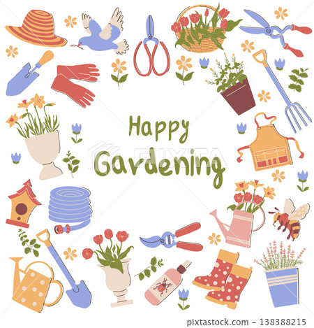 Happy Gardening Card. Floral Frame with Tools Happy Gardening Card. Floral Frame with Tools 138388215