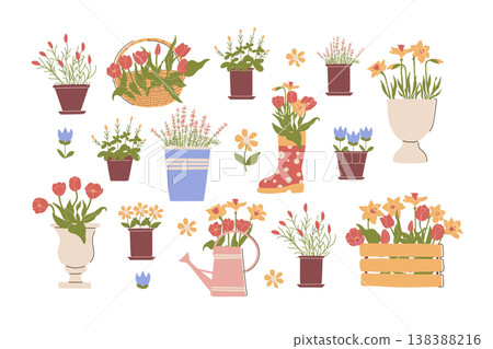 Spring Flowers in Containers Set. Pots Boots Spring Flowers in Containers Set. Pots Boots 138388216