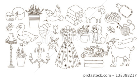 Cottagecore Line Art Set. Animals Food Decor Cottagecore Line Art Set. Animals Food Decor 138388217
