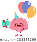 Cute Brain Mascot Celebrating Birthday with Balloons and Gift 138388299