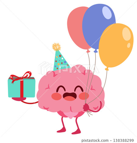 Cute Brain Mascot Celebrating Birthday with Balloons and Gift Cute Brain Mascot Celebrating Birthday with Balloons and Gift 138388299